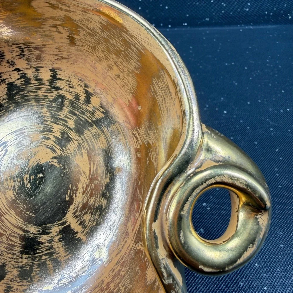 Stangl Pottery Granada Gold Hand Painted Ceramic Leaf Bowl Ring Handle 3787 7in